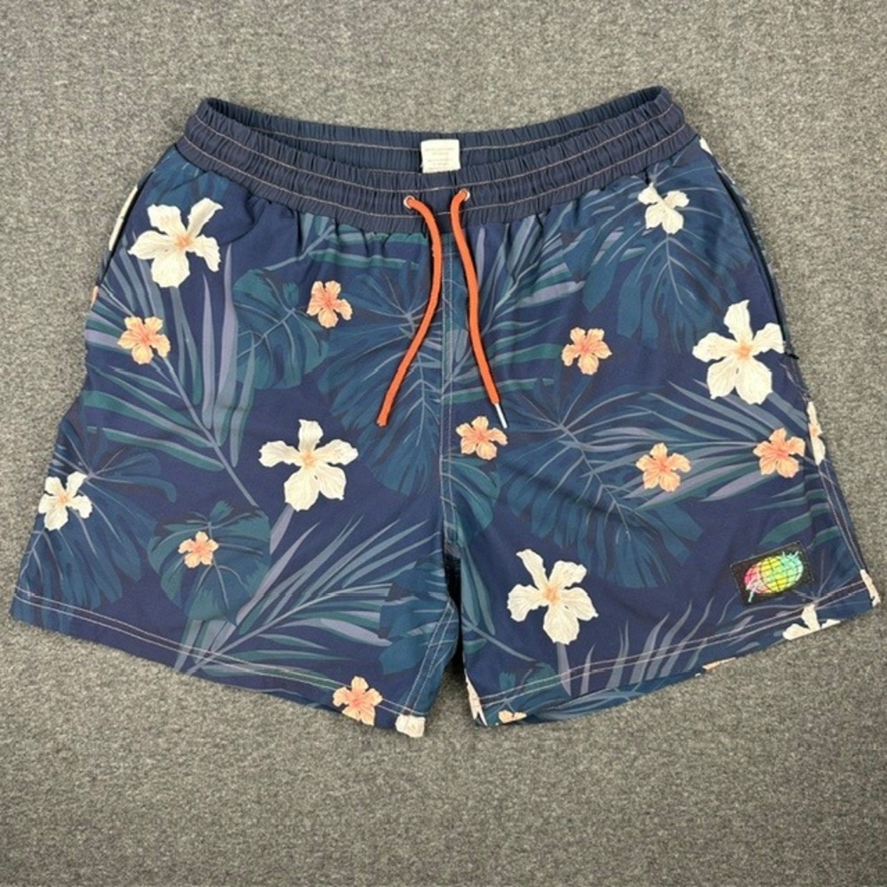 Slunks Mens Tropical Hibiscus Floral Swim Shorts Navy Blue Orange Size L